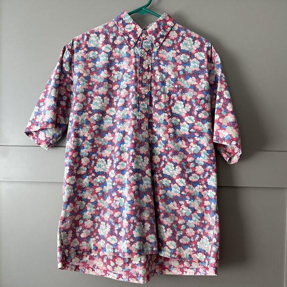 Reyn Spooner Shirt Mens Large Hawaiian Floral Vintage Aloha Casual Pink Blue - Picture 1 of 12